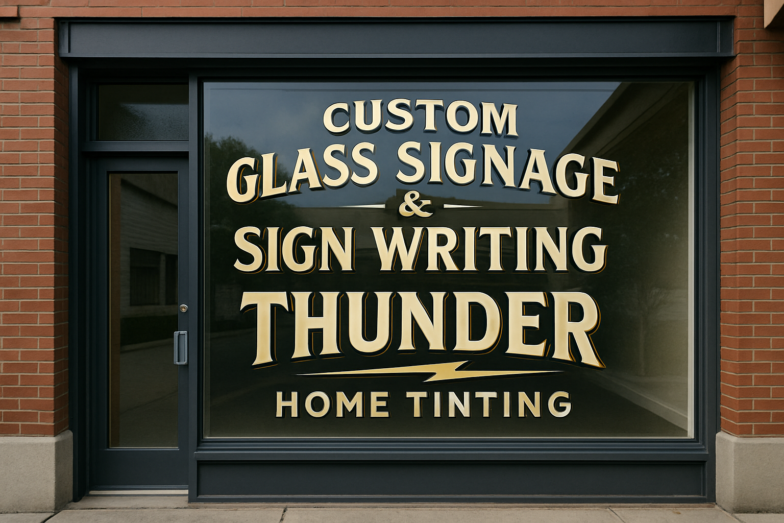 Business storefront with custom glass signage and sign writing by Thunder Home Tinting