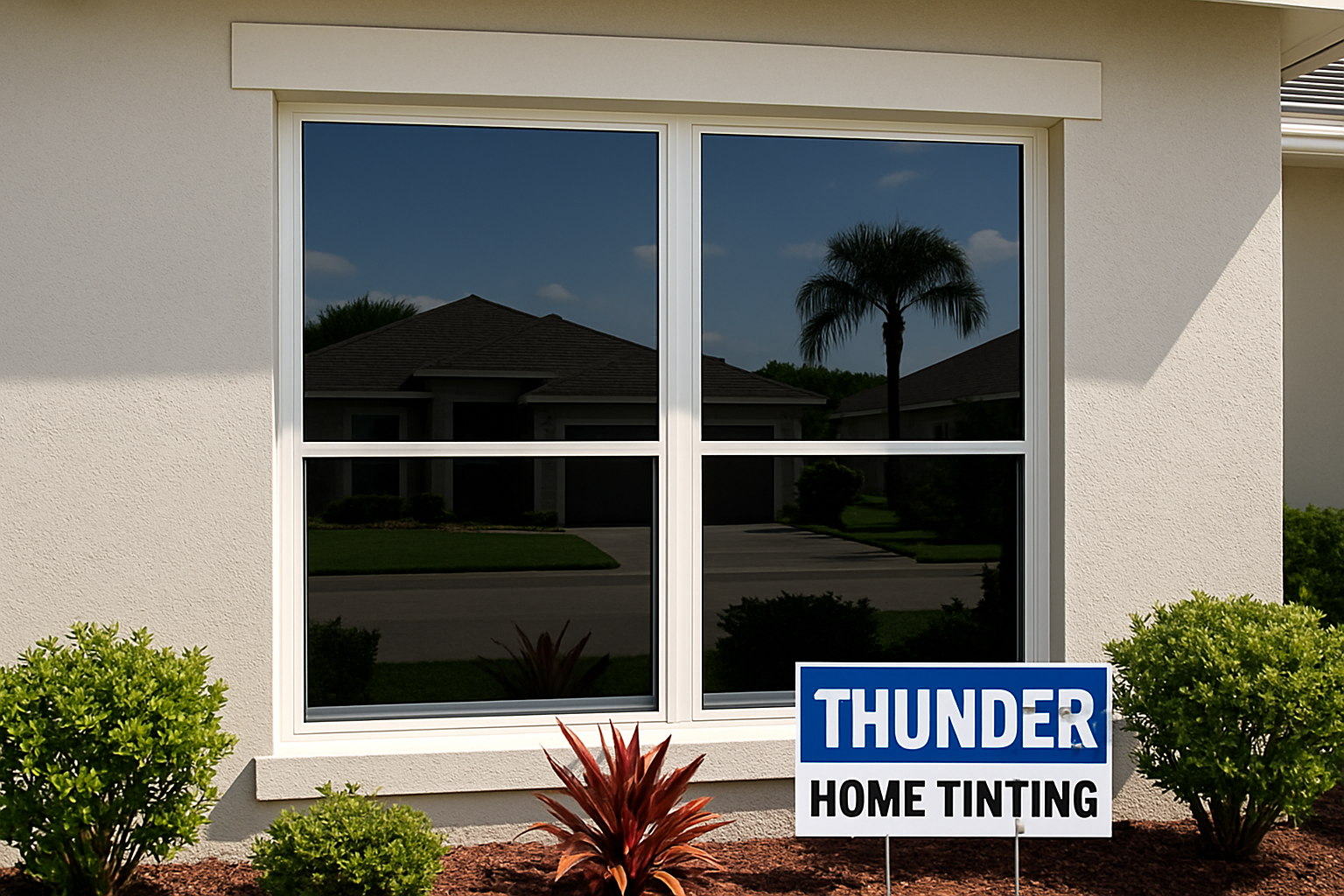 Residential window with professionally installed tint by Thunder Home Tinting